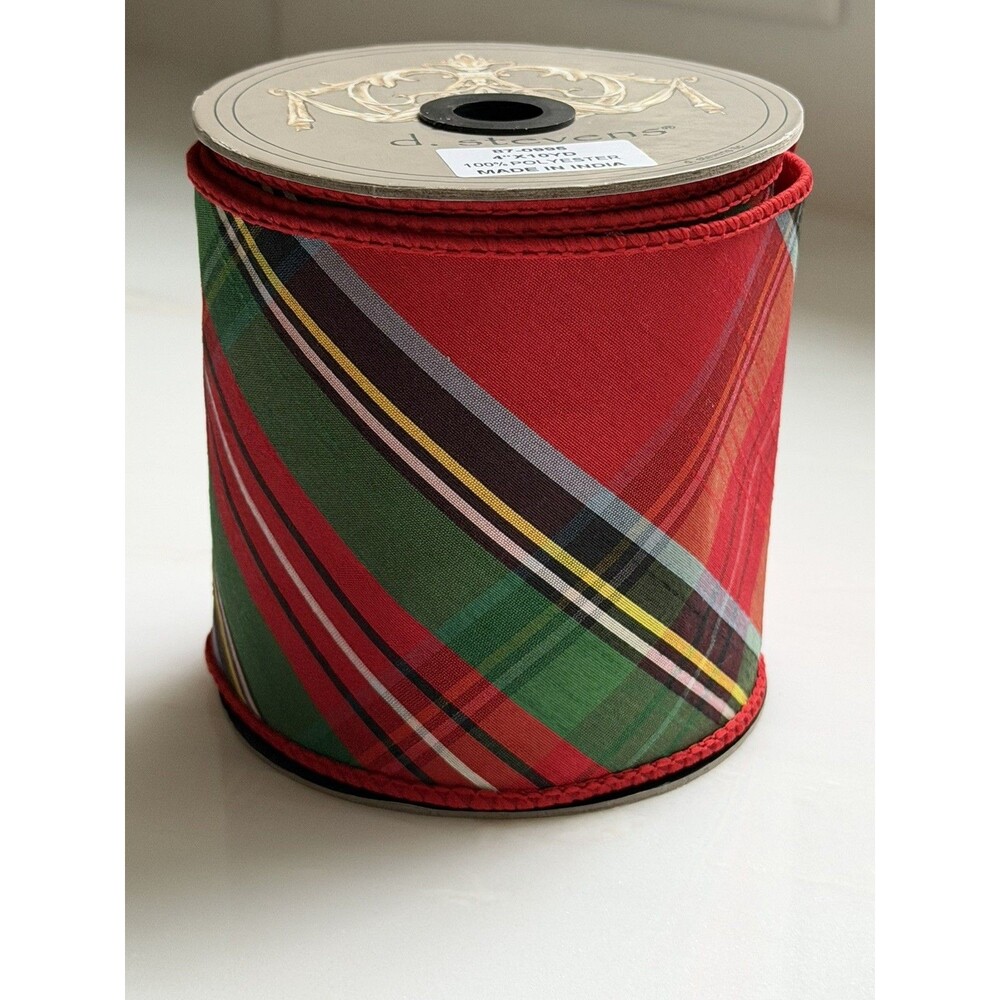 D. Stevens Luxury Ribbon Red Green Plaid Tartan  4” X 10 yards yd